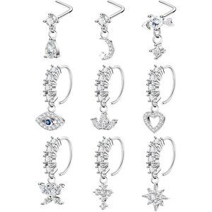Stylish 9-Piece Nose Ring Set - Surgical Steel with Butterfly & Flower Charms